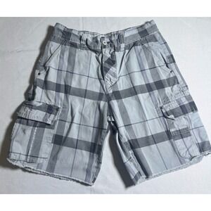 Vtg Y2K OP Ocean Pacific Cargo Shorts Mens 34 Grey Purple Plaid Cotton Baggy Ska